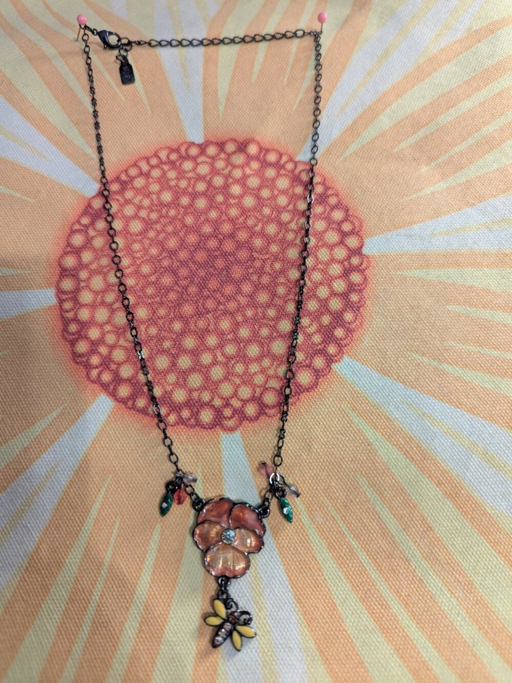 Vintage 1928 Elegant Flower & Bee Lavalier Pendant Necklace | Coral Pink